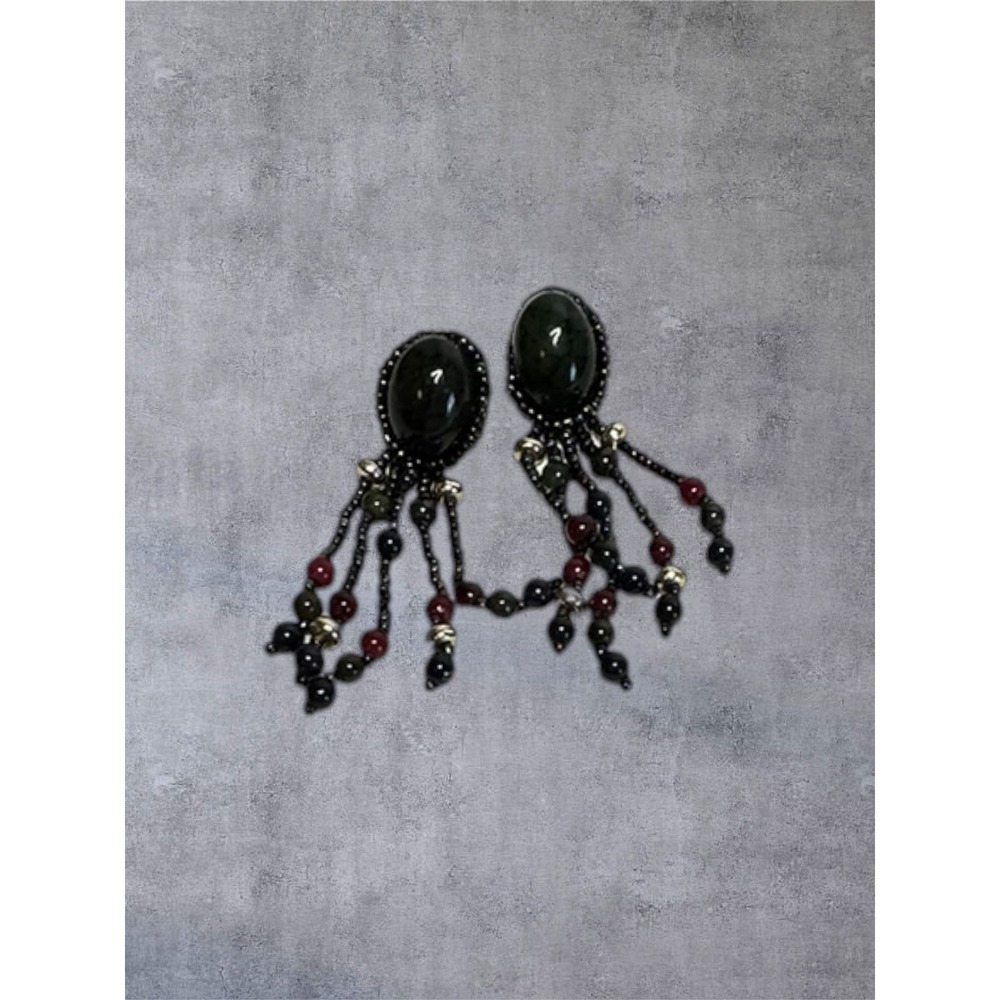 Beaded Dangle Earrings Black‎ Burgundy Green Fringe - READ